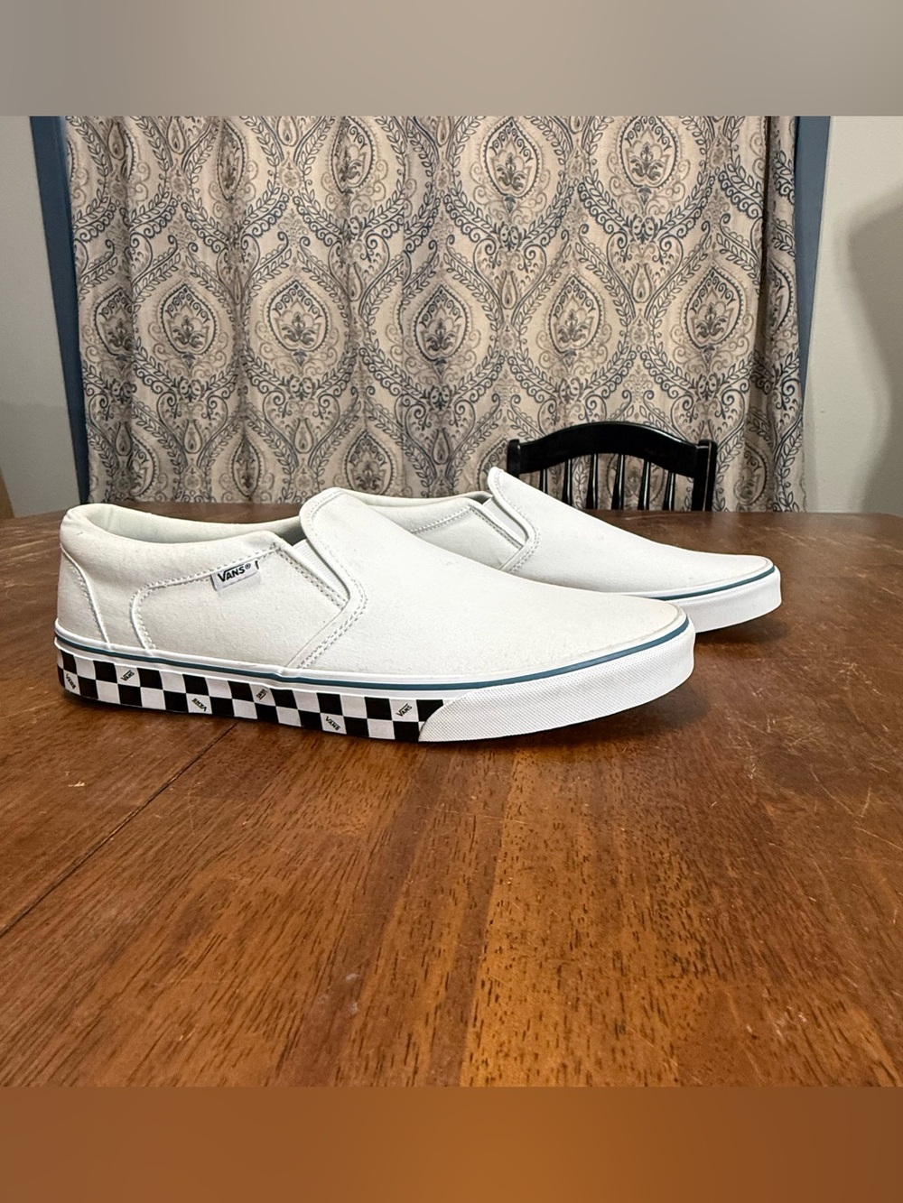 Vans Classic Slip-On Menโs Size 13 White Canvas Checkerboard Sole Sneakers